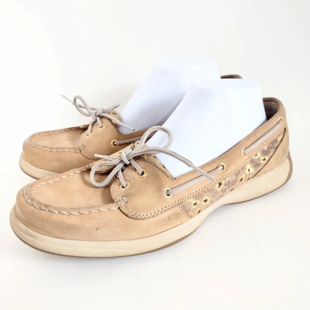 Sperry Womens 11 Tan Top Sider Gold Leopard Animal Print Suede Leather Boat Shoe